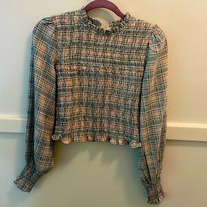 Roolee top, size medium pink & blue ruching detail